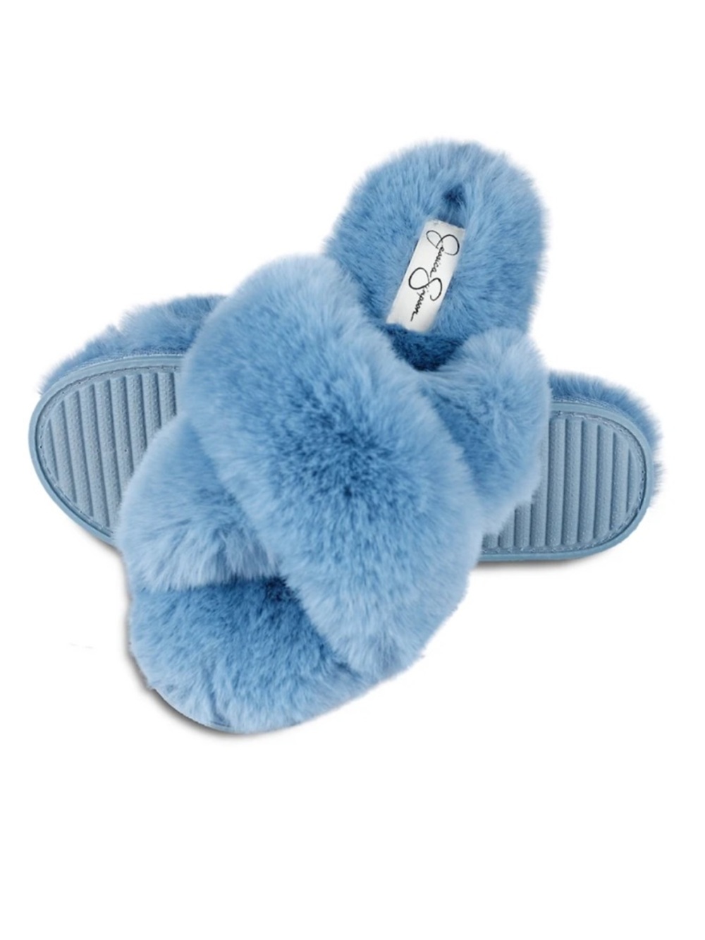 Plush Baby Blue Memory Foam FauxFur Slippers w/Cross Band Detail-Jessica Simpson